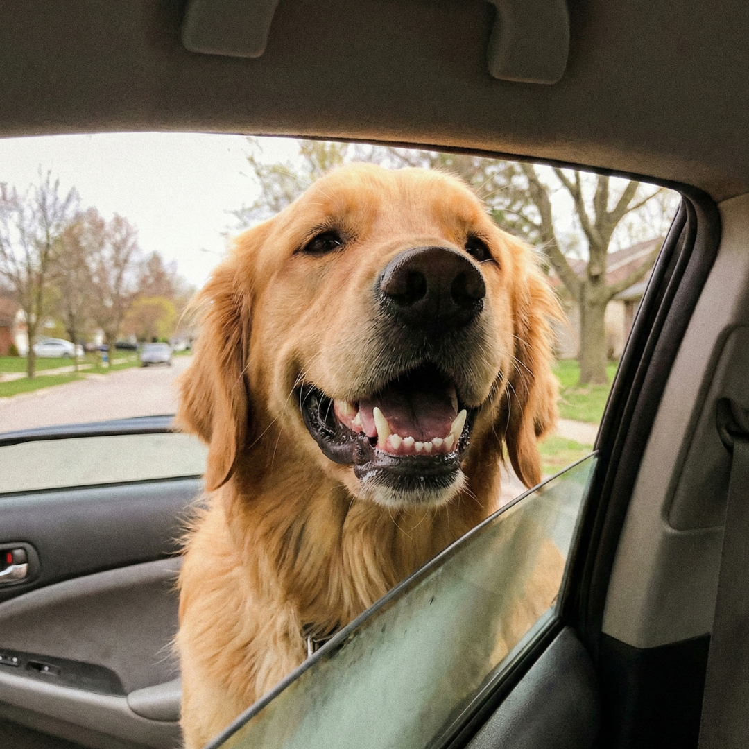 Happy golden retriever in car window